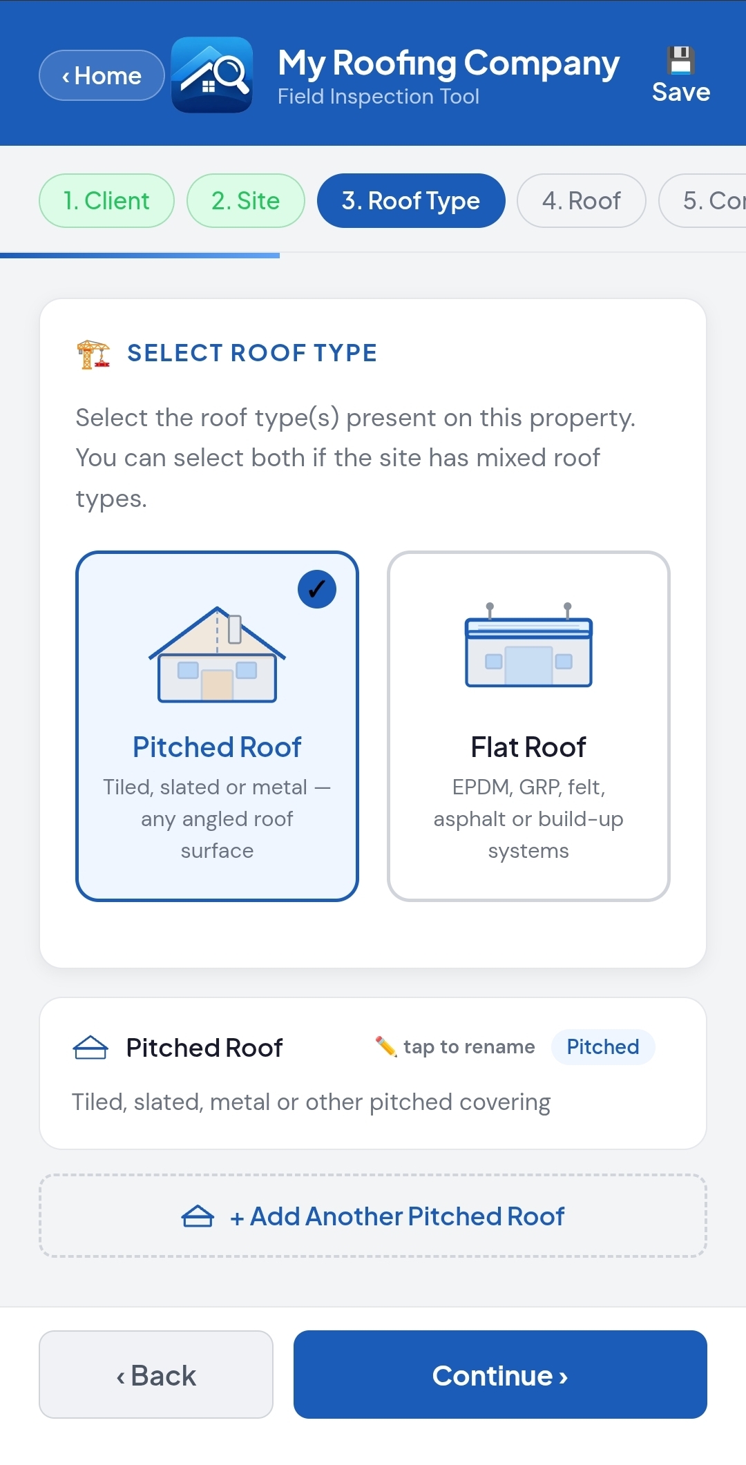 Roof type selection